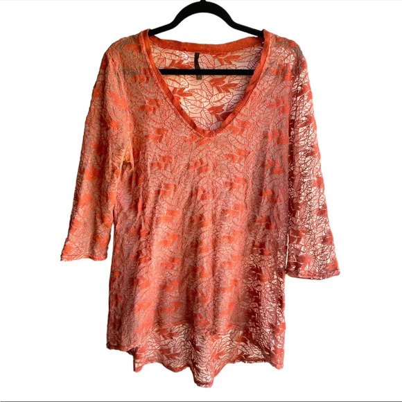 XCVI women orange sheer floral embroidered tunic vneck 3/4 sleeve blouse Medium - Picture 1 of 4